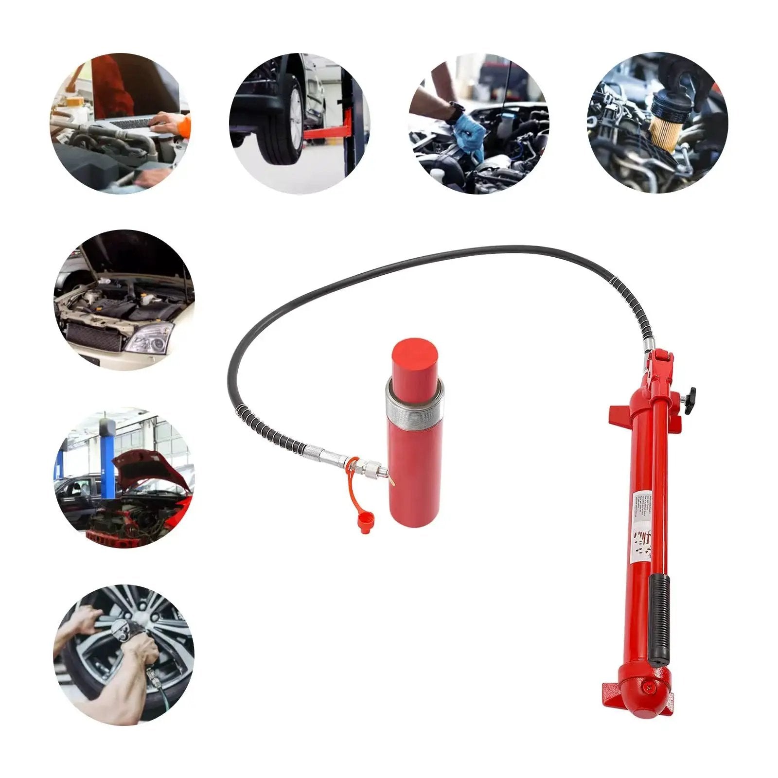 20 Ton Hydraulic Car Jack And Ram Kit For Body Frame Repair With Storage Case shown with various automotive application images