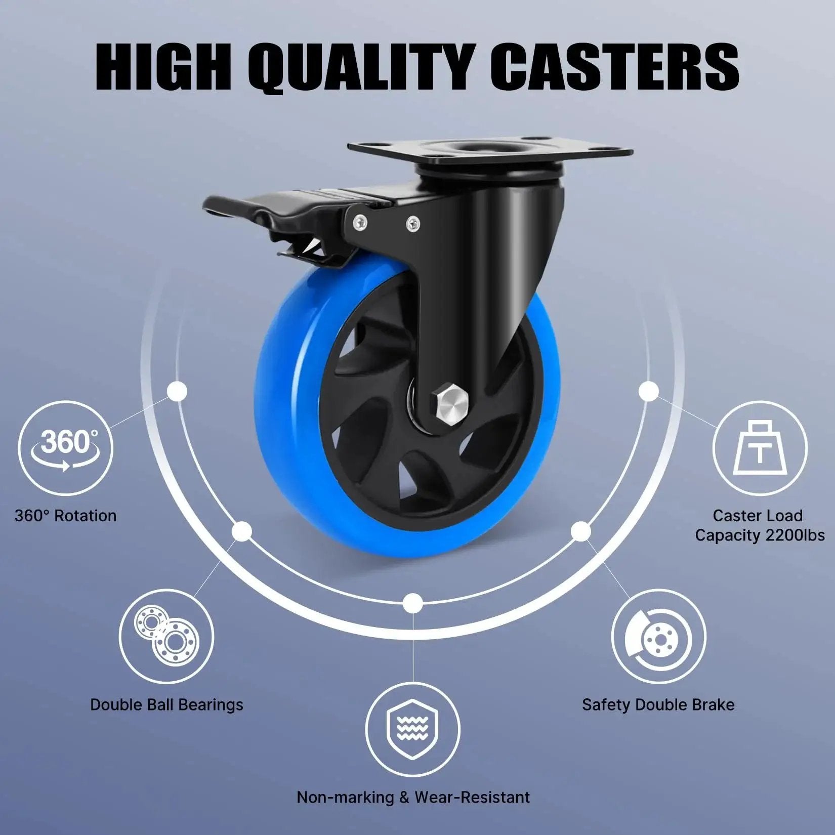 Heavy Duty 5 Inch Caster Wheel Set Of 4 With Brakes For Cart Workbench And Furniture Humagineer caster wheel close-up with brake