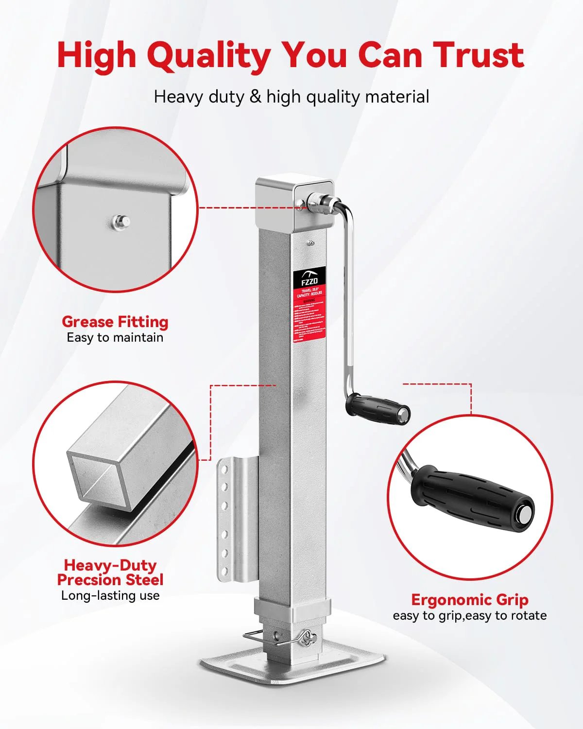 8000 lbs Heavy Duty Trailer Jack, 20-24V Cordless Drill Compatible，28.6" Lift, with features highlighted like grease fitting and ergonomic grip.