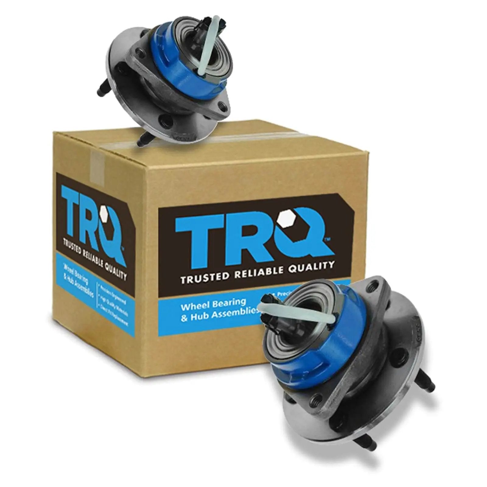 Front Left And Right Wheel Bearing And Hub Assembly Set for Chevrolet Impala and Buick Lucerne shown with TRQ packaging.