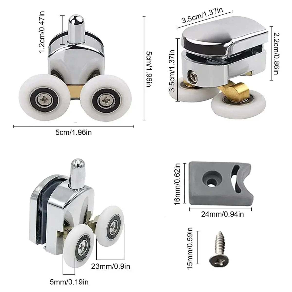 8 Piece Shower Door Rollers Set with 25mm sliding door wheels shown with measurements, stainless steel screws, and adjustable components.