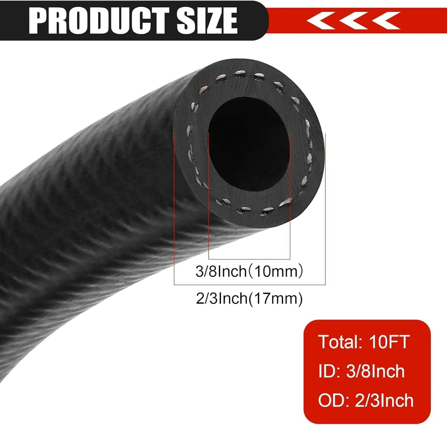 Three Eighths Inch ID Fuel Line Hose 10 Ft NBR Rubber Heavy Duty High Pressure 300 PSI 3/8 inch diameter with measurements