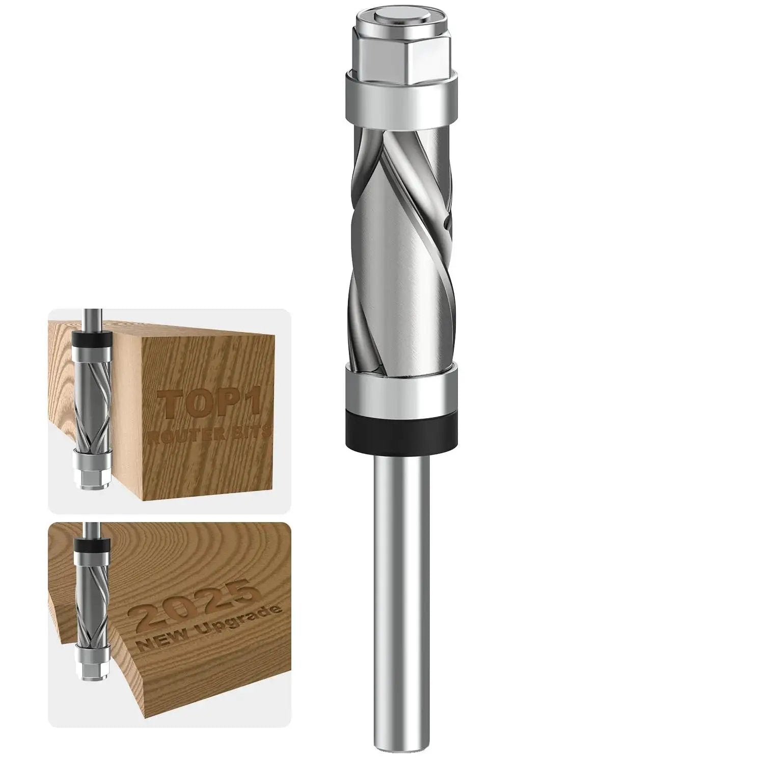 Carbide Compression Flush Trim Router Bit With One Quarter Inch Shank, Top And Bottom Bearing, Four Flutes, One Half Inch Cutting Diameter, One Inch Cutting Length, Spiral Up Down Pattern For Wood Trimming And Template Accuracy shown alongside wooden block.