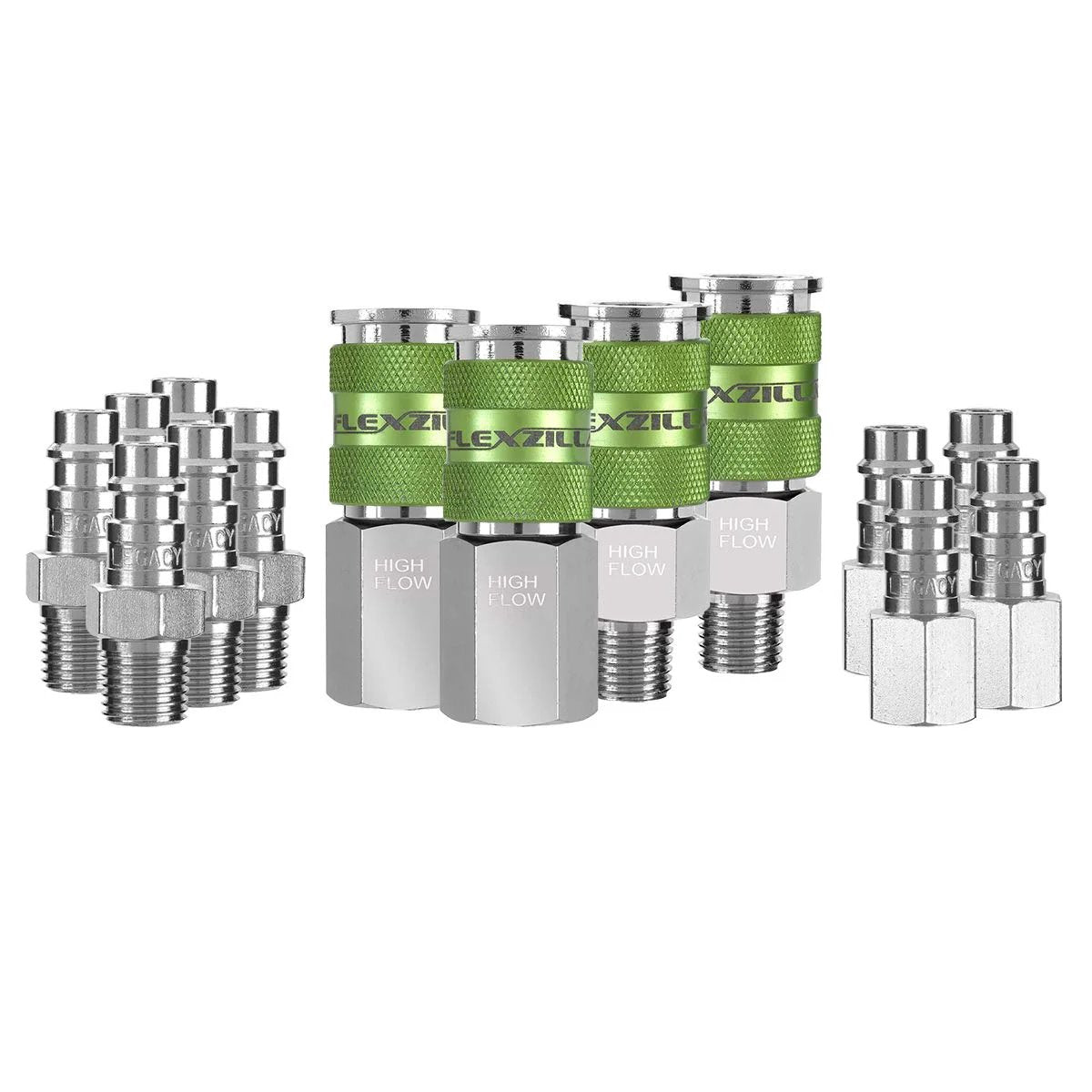 Pro High Flow Air Tool Coupler And Plug Kit For Fourteen Piece Set Push To Connect 300 PSI Quarter Inch NPT ZillaGreen Nickel