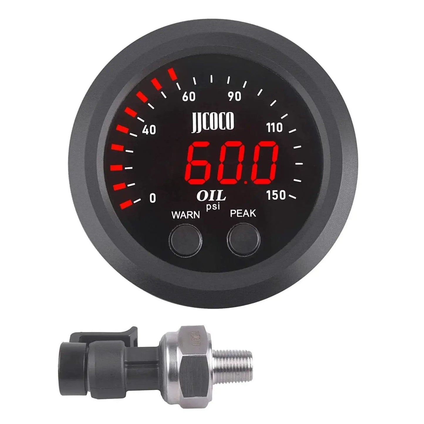 Universal Oil Pressure Gauge Kit 52mm Digital Red Display 0-150 PSI with 1/8 NPT Sensor, gauge and sensor shown.