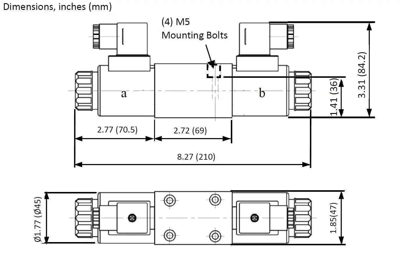 Technical diagram of Pro Grade Heavy Duty Hydraulic Electric Solenoid Valve D03 NG6 With 12VDC, showing dimensions.