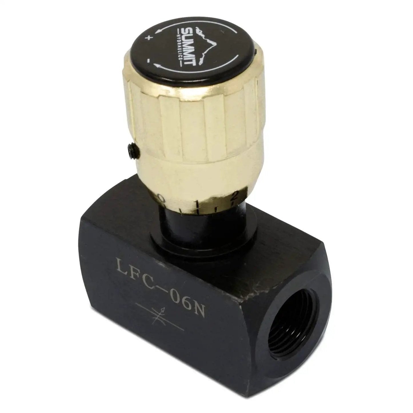 Heavy Duty Hydraulic Flow Control Needle Valve With Three Eighths Inch NPT Ports Adjustable Zinc Plated Knob Carbon Steel Body