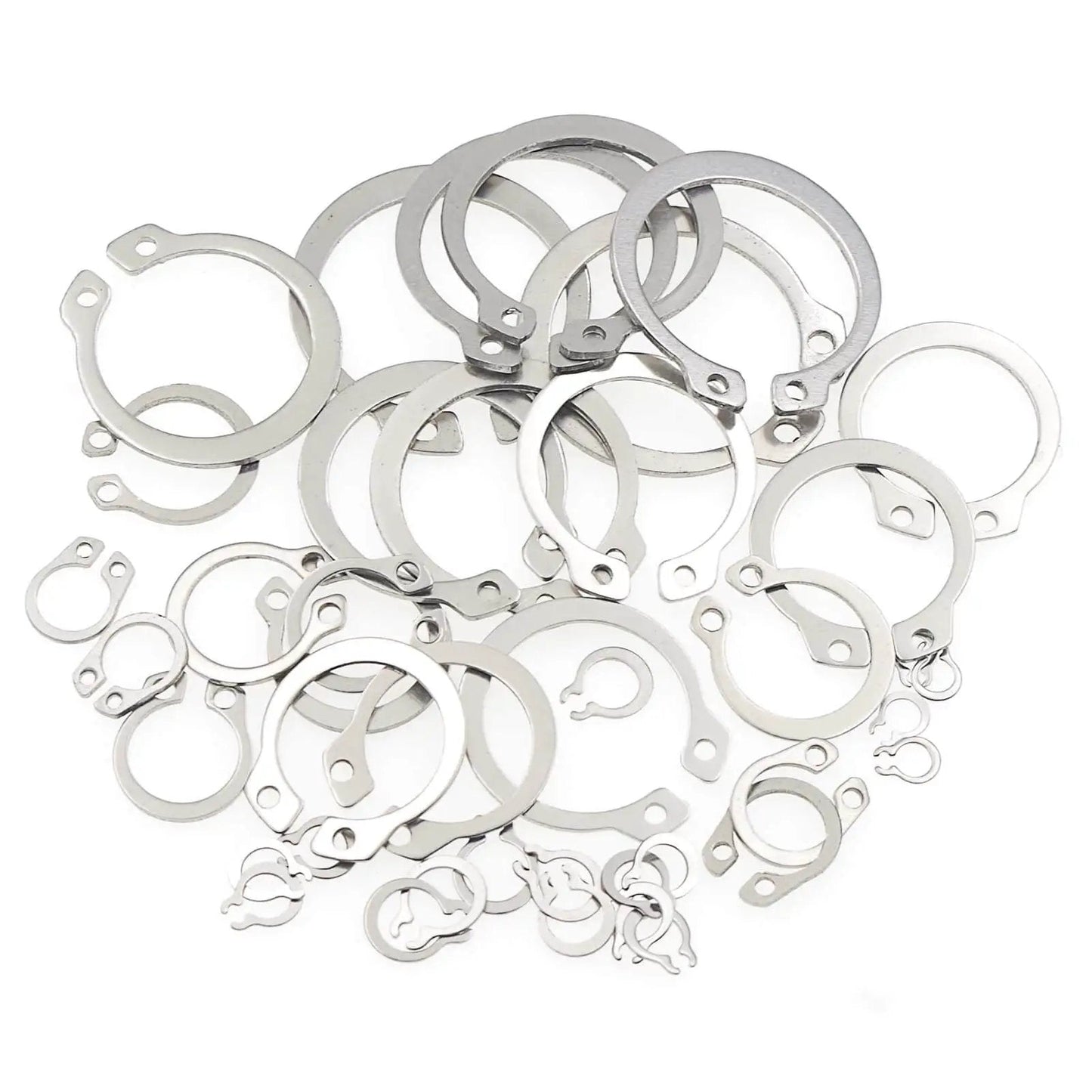 External Retaining Ring Set 380 Piece Assortment 15 Sizes From 4mm To 28mm In 304 Stainless Steel Circlips C Clips scattered on surface
