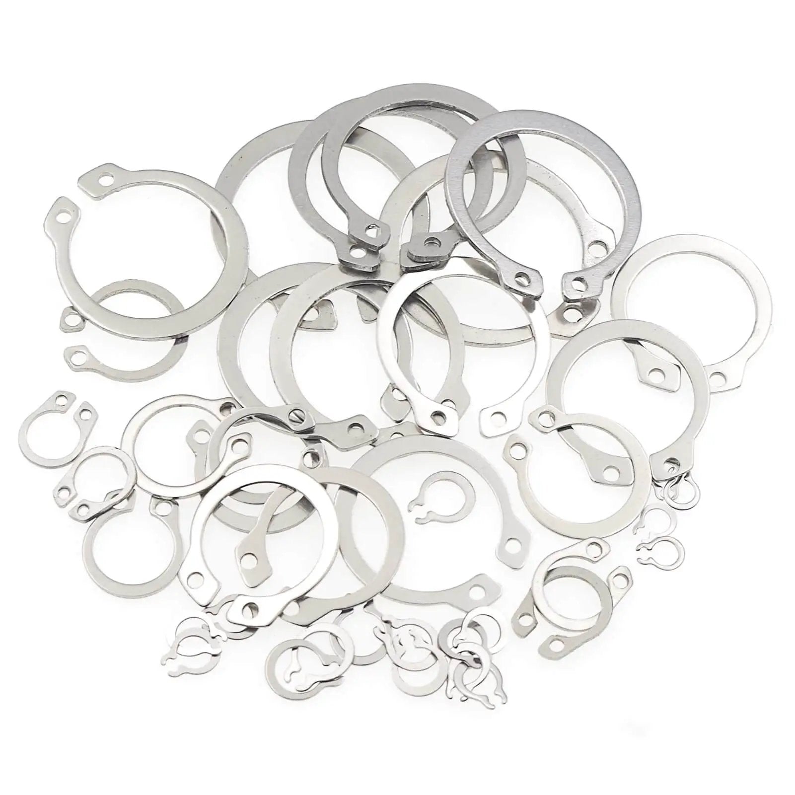 External Retaining Ring Set 380 Piece Assortment 15 Sizes From 4mm To 28mm In 304 Stainless Steel Circlips C Clips scattered on surface