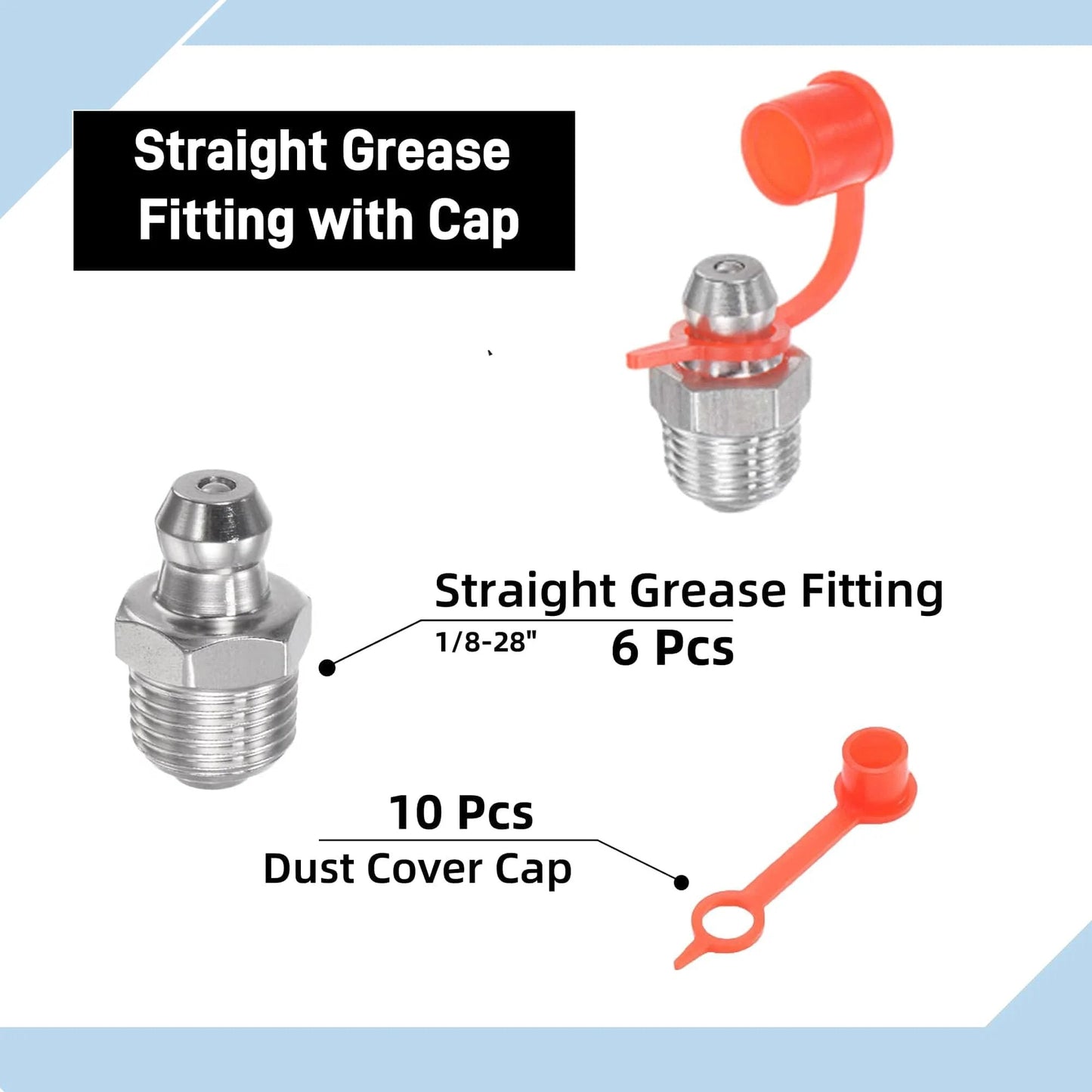 Heavy Duty 304 Stainless Steel Straight Grease Fittings Kit With 1 8-28 Inch Thread Includes 6 Fittings And 10 Dust Covers