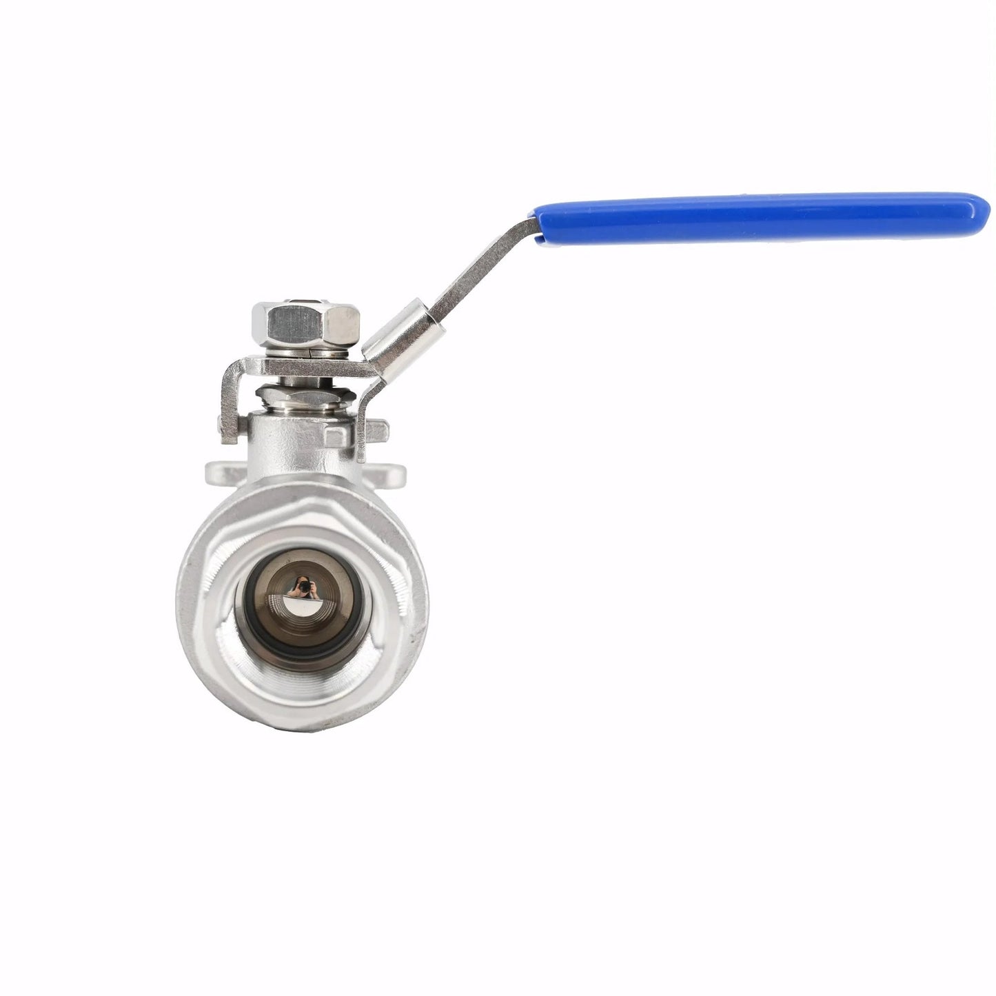 Front view of Workhorse Three Quarter Inch 304 Stainless Steel Full Port Ball Valve NPT Female To Female With Blue Vinyl Handle Locking Device