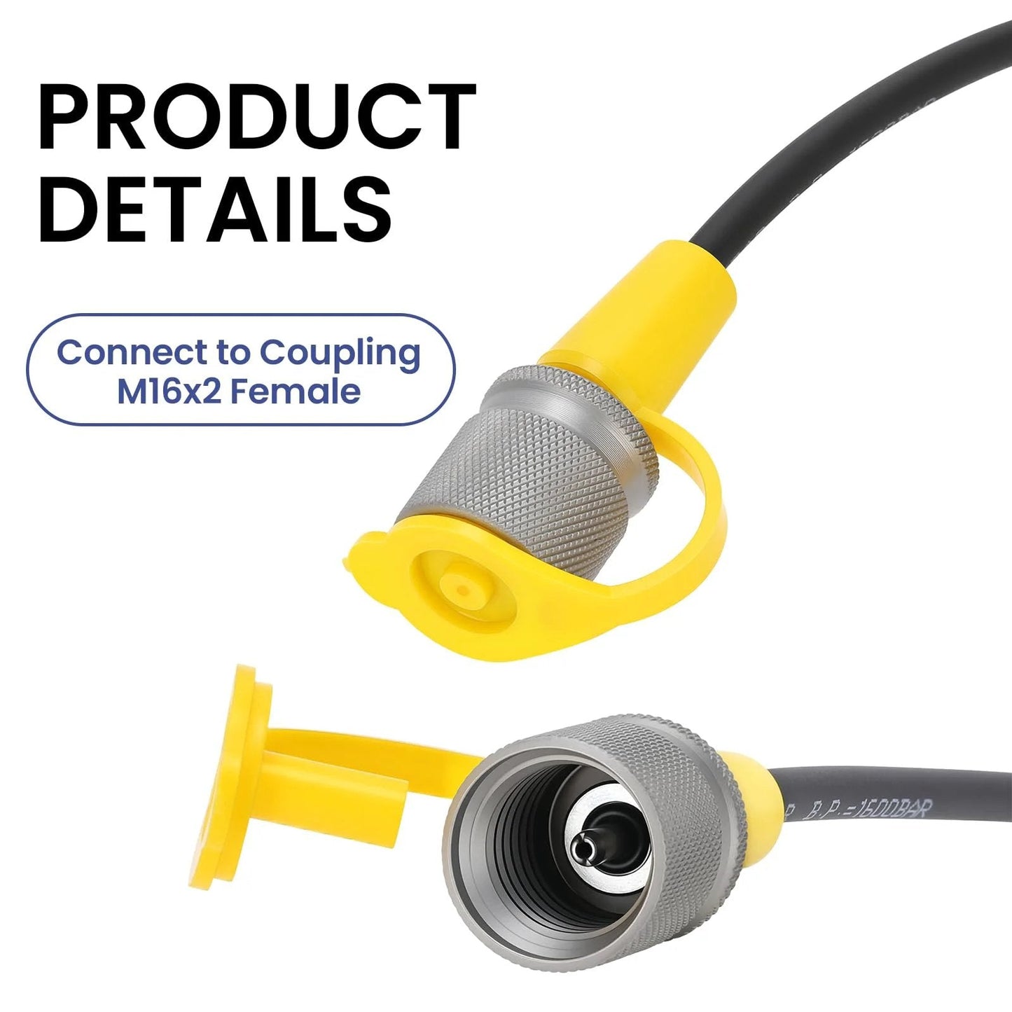 Close-up of High Pressure Hydraulic Test Hose for 9000 PSI Systems With 630 BAR Working Pressure and 1600 BAR Burst, connectors visible