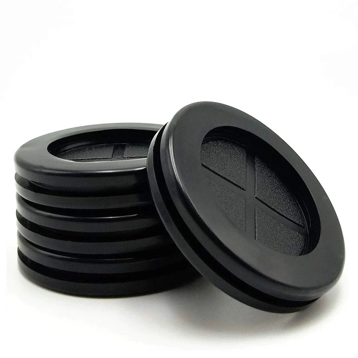 Stack of 2 Inch Rubber Grommets For Wiring, 42 Mm Inside Diameter Double Sided Round Cable Hole Plugs, 60 Mm Outer Diameter, automotive use.