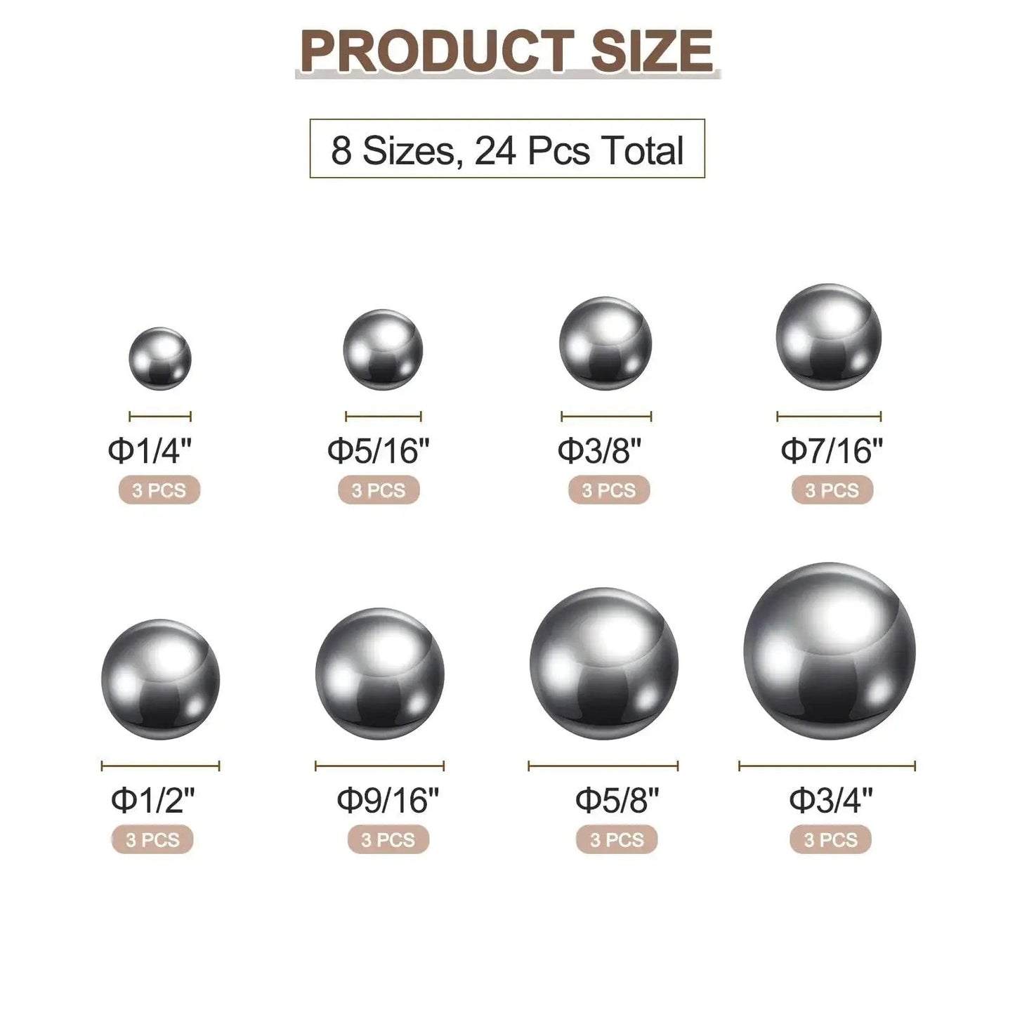 Chrome Steel Bearing Balls Set Of 24 In Eight Sizes From One Quarter Inch To Three Quarters Inch For Precision Bearings And Machinery