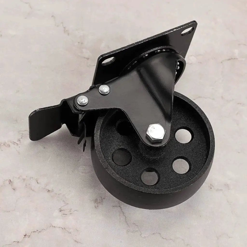 Heavy Duty 4 Inch Cast Iron Swivel Plate Caster with Dual Locking Brakes for Tables and Carts, rust resistant, side view