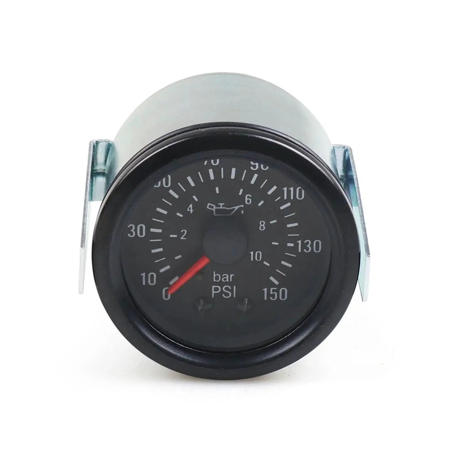Front view of 2 Inch Mechanical Oil Pressure Gauge With Yellow LED Dial Light For Cars Reads 0 To 10 Bar Or 0 To 150 PSI 52mm Dial 12V NPT One Eighth Thread Easy Read Display Fits All 12V Vehicles From Dyno Racing.