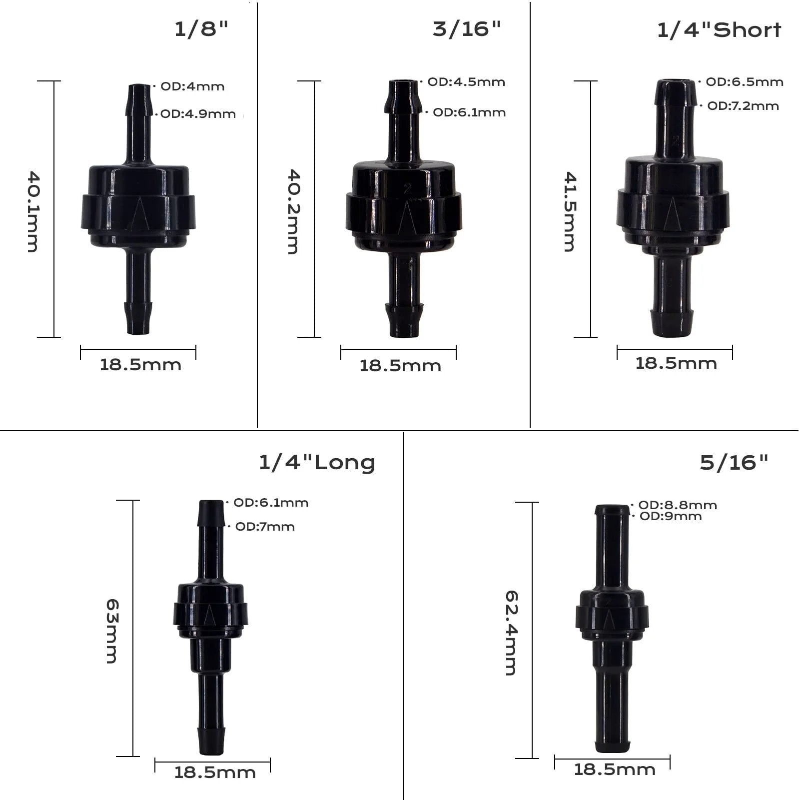 Automotive PA66 Spring Check Valves For High Temp And Corrosion Resistance, Fits 1/8 Inch to 5/16 Inch Hoses, Black, side view
