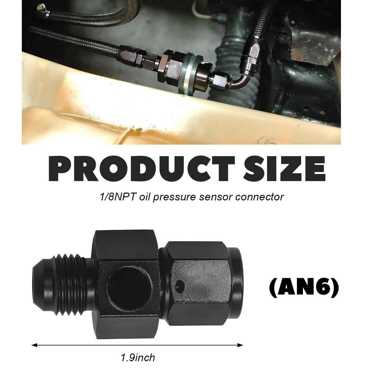 6AN Male Flare to 6AN Female Swivel Fitting Adapter for Fuel Oil Lines with One Eighth NPT Gauge Port installed in engine