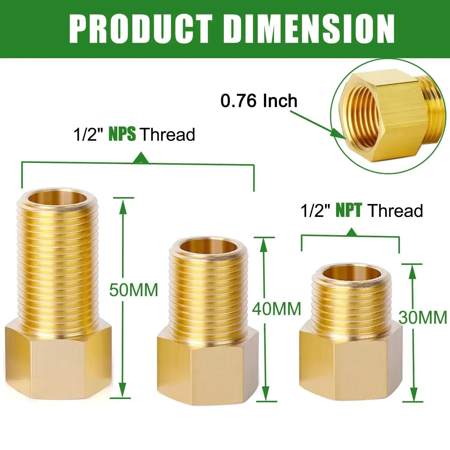 Brass Pipe Extension Fitting Half Inch Female to Half Inch Male Connector Hex Bushing Adapter with 30mm 40mm 50mm NPT NPS sizes