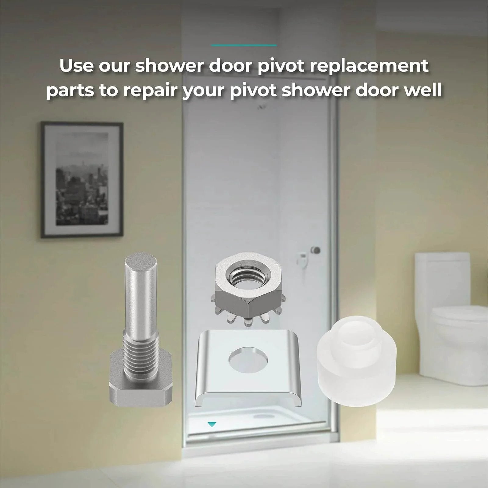 Shower Door Hinge Pin Kit With Pivot Bushing For Framed Swing Doors Replacement Parts displayed against a shower background.
