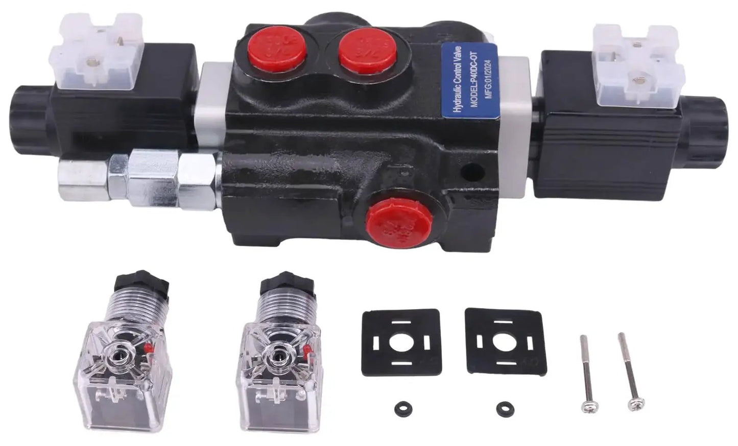 1 Spool Solenoid 12V DC Hydraulic Control Valve Double Acting HCV-S1x13 with connectors and mounting parts visible