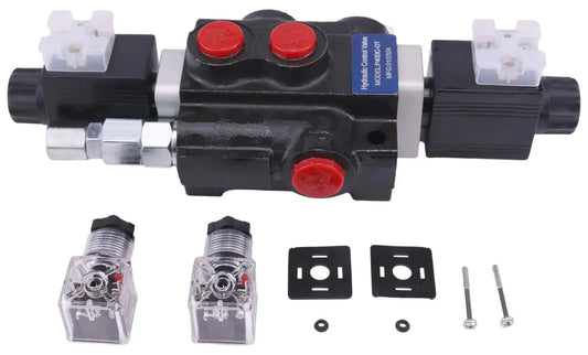 1 Spool Solenoid 12V DC Hydraulic Control Valve Double Acting HCV-S1x13 with connectors and mounting parts visible