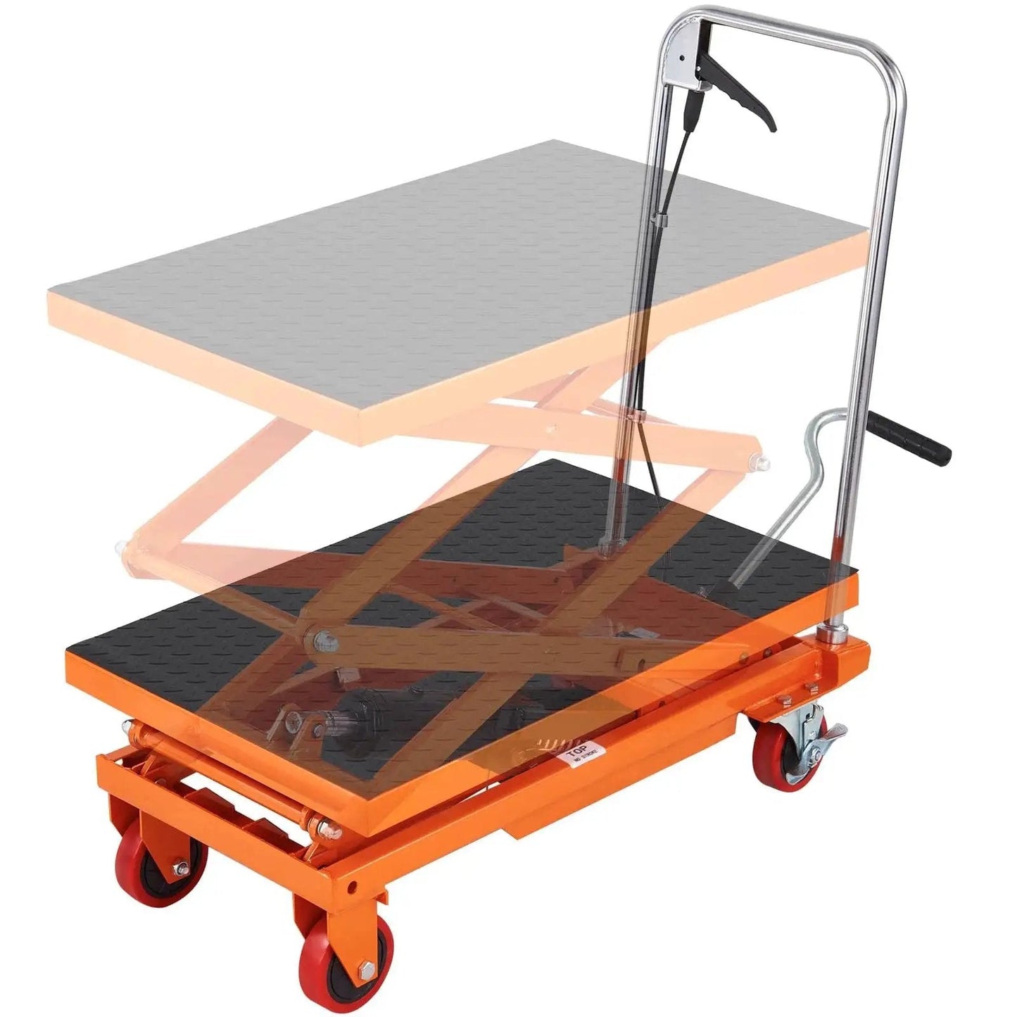 Manual Hydraulic Lift Table Cart 330lb Capacity 50in Lift With 4 Wheels, showing its orange base and hydraulic mechanism.