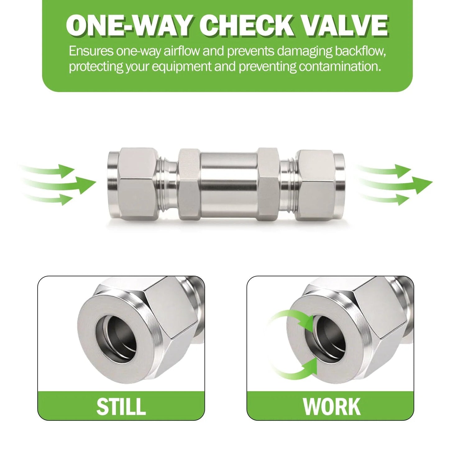 Premium Heavy Duty 304 Stainless Steel Compression Check Valve For Water Oil Gas Three Eighths Inch OD One Way Backflow Prevention Non Return Valve 1 Pack Goldpea shown in front view with flow direction illustration.