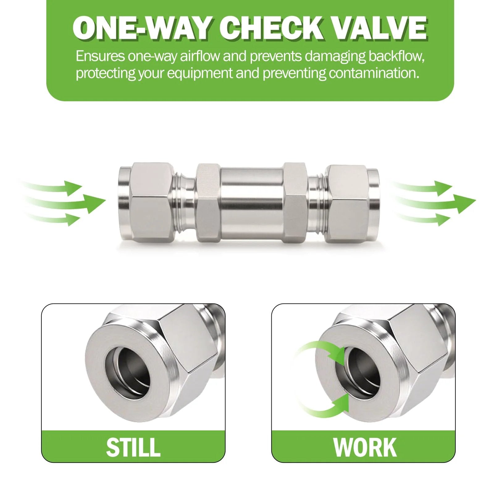 Premium Heavy Duty 304 Stainless Steel Compression Check Valve For Water Oil Gas Three Eighths Inch OD One Way Backflow Prevention Non Return Valve 1 Pack Goldpea shown in front view with flow direction illustration.