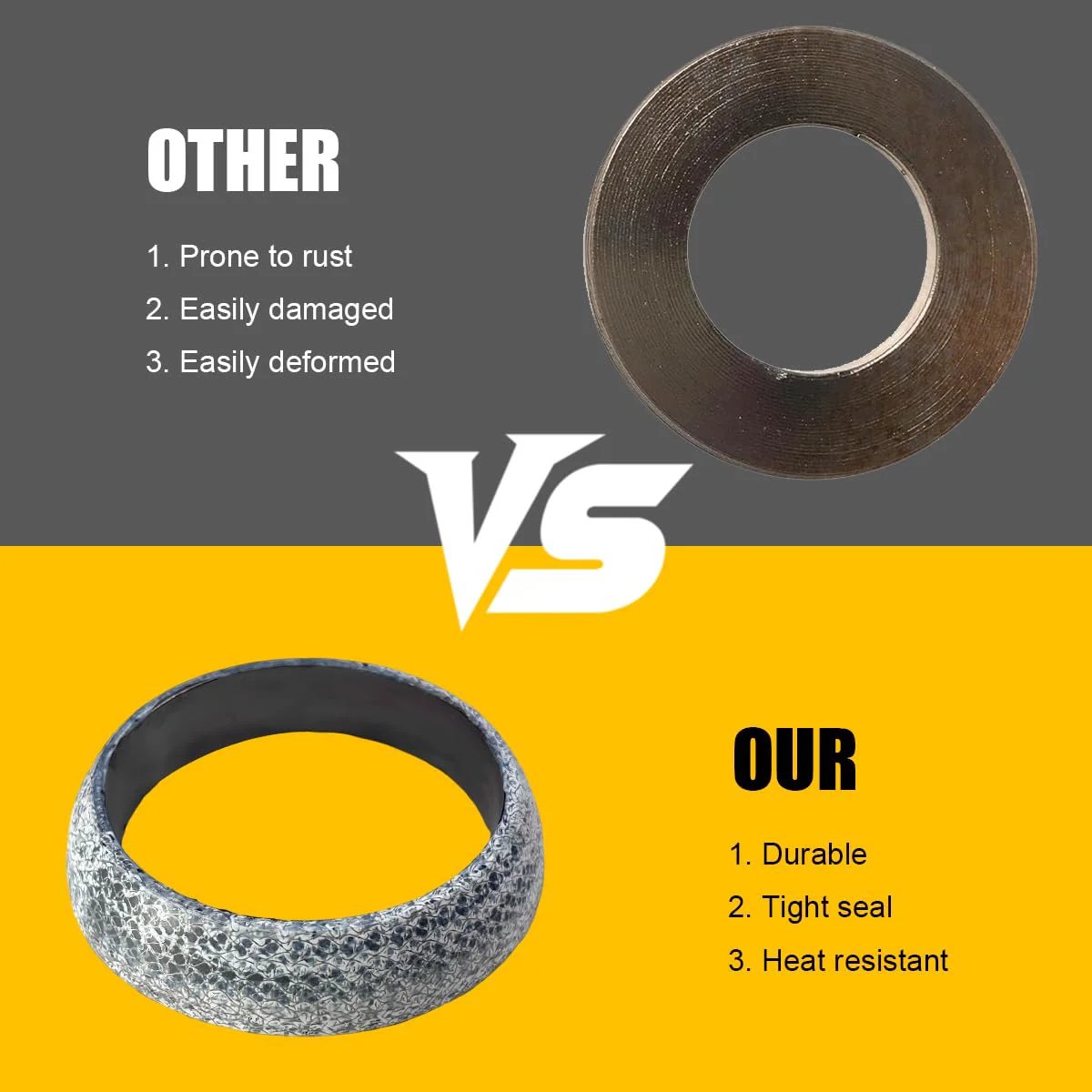 Comparison of 65mm car exhaust gasket with high grade graphite flange seal versus regular gasket, showing durability and heat resistance.