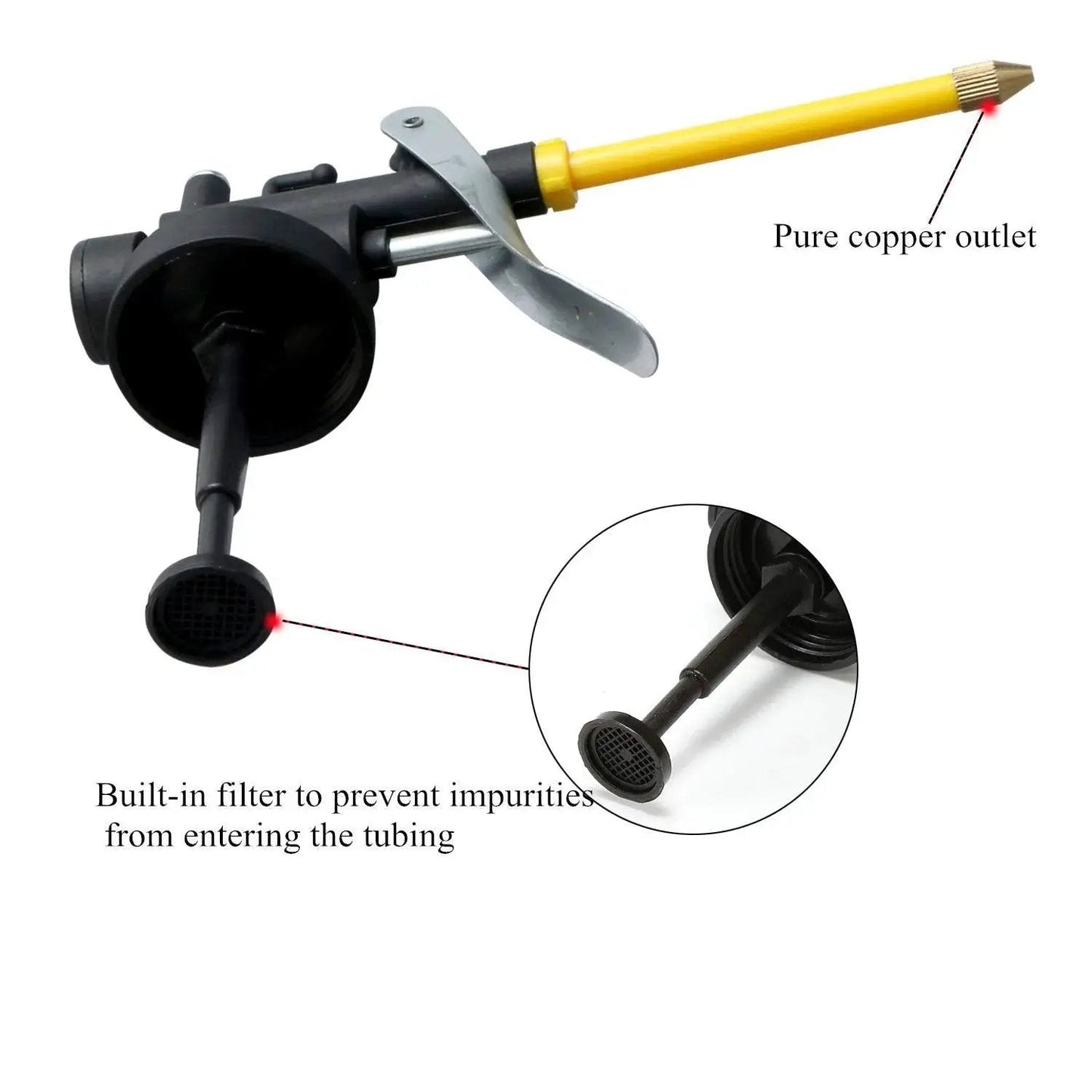Durable Yellow Metal Oiler Can With Dual Spouts And Built In Pump 8oz 250ml 9 Inch Flexible Spout And 3 Inch Straight Nozzle Detachable Bendable Spout For Hard To Reach Areas Easy To Use Lubrication Tool For Automotive Machinery And Household Maintenance showing close-up of built-in filter and copper outlet.