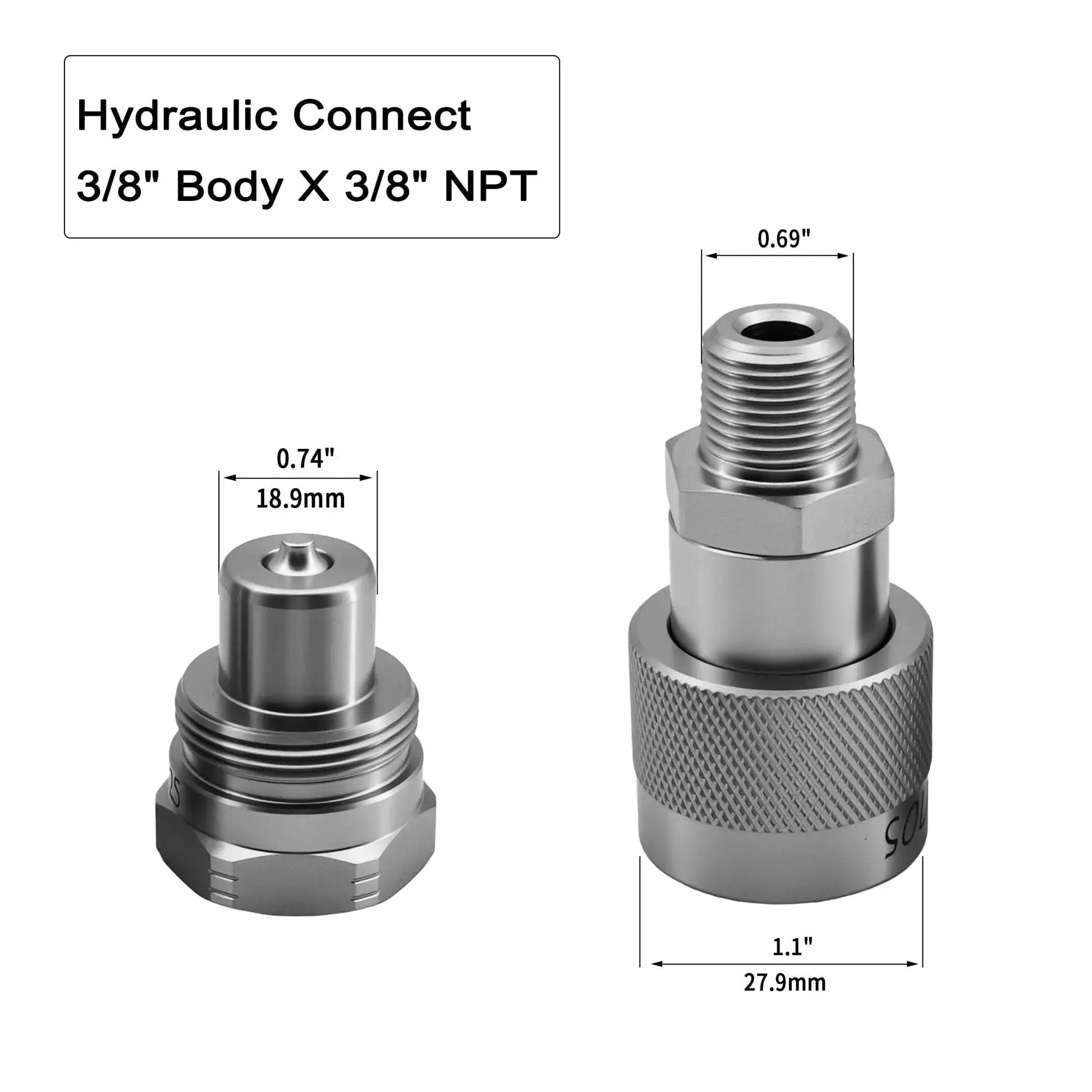 Beefed-Up High Flow 3/8 Inch Hydraulic Quick Coupler Set, 10,000 PSI, includes dust caps, zinc nickel plating, corrosion resistant.