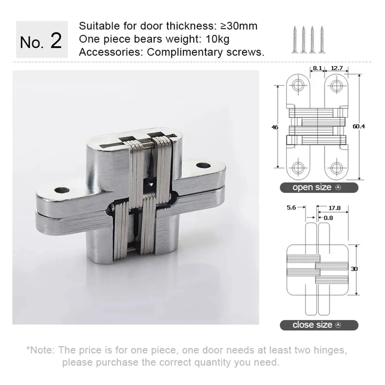 Heavy Duty Sealed Bearing Gate Hinges For 180 Degree Concealed Folding Doors shown with dimensions and screws