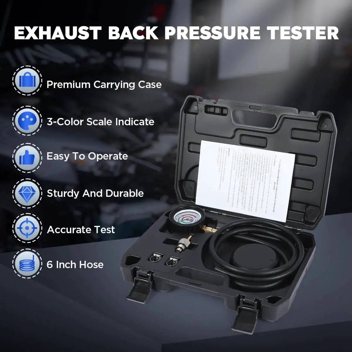 Back Pressure Exhaust Tester Kit With Carrying Case And 6 Foot Hose, featuring gauge and accessories in open case