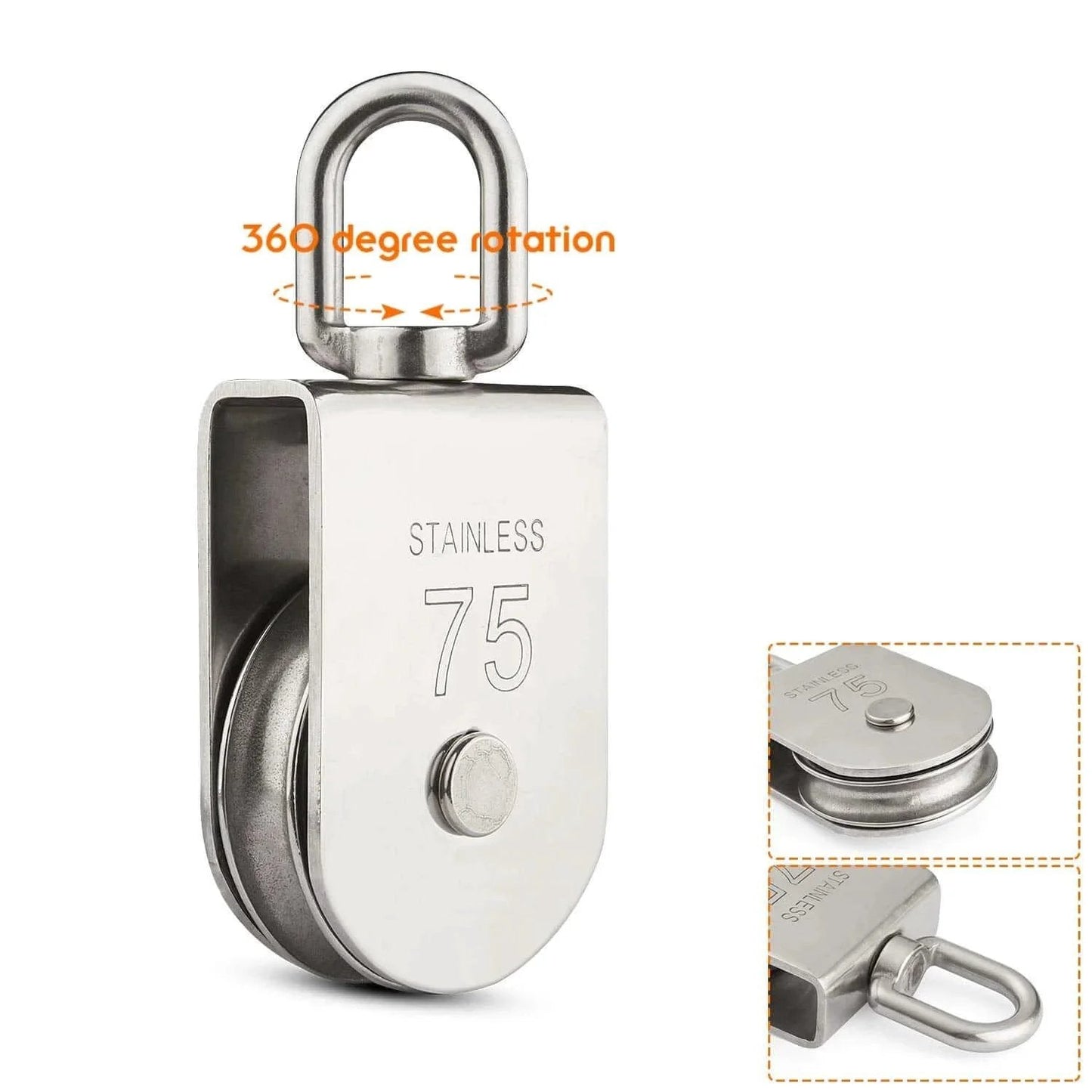 M75 Lifting Single Swivel Pulley Block for heavy duty hoisting, stainless steel, 1322 lb load capacity, 75mm sheave, side view
