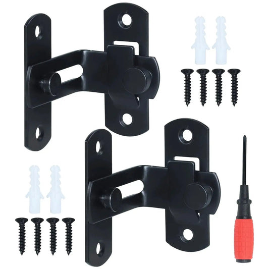2 Pack 90 Degree Flip Sliding Barn Door Lock For Barn Doors And Cabinets, Privacy And Security Lock, Rugged Corrosion Resistant Alloy Steel, Fits Pet Doors, Bathrooms, Outdoor, Garage, Garden, Windows And Other Sliding Doors, shown with screws and screwdriver
