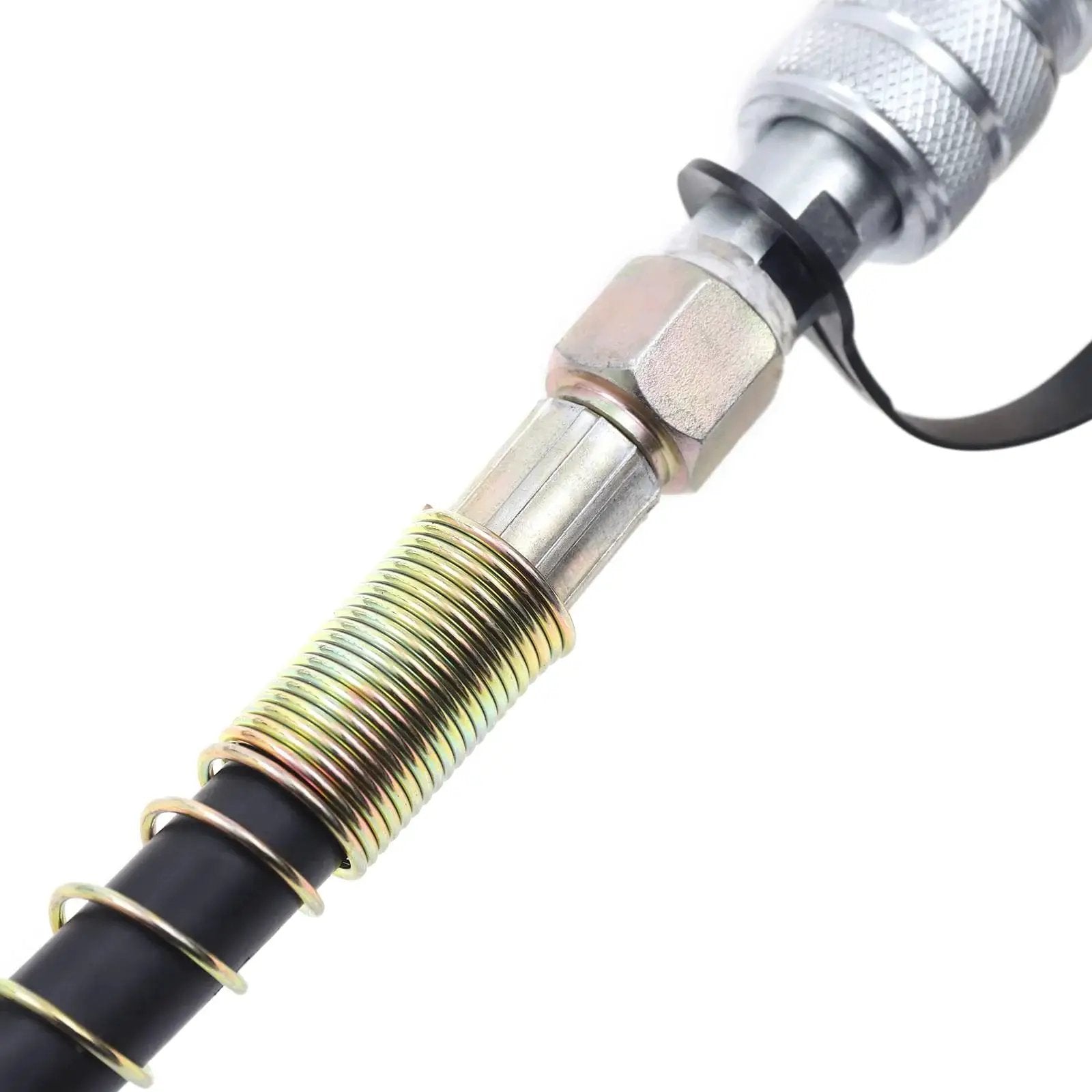 Close-up of hose attachment part for 20 Ton Manual Hydraulic Jack Low Profile With Multi Section Lift For Cars, metal and rubber material.
