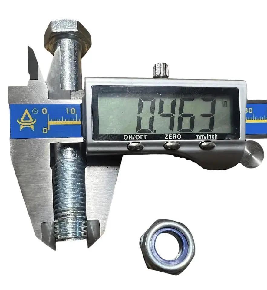 Close-up of caliper measuring bolt with nut, 0.1463 inches display, for Heavy Duty 6 Inch Cast Iron V Groove Wheel applications.
