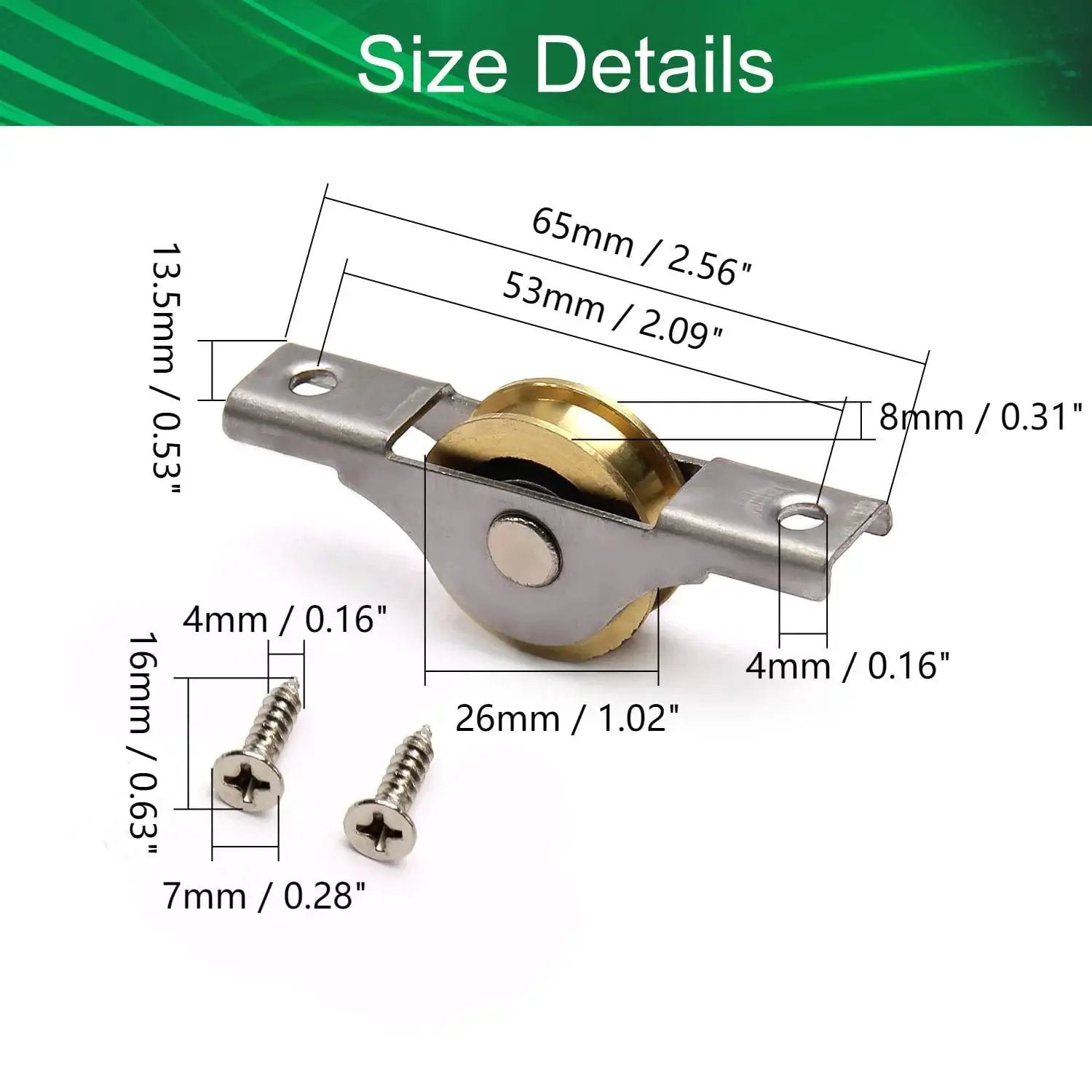 Set Of 5 Copper Electroplating Sliding Wheels 26mm Diameter Door And Window Pulleys With Stainless Steel Shells size details diagram