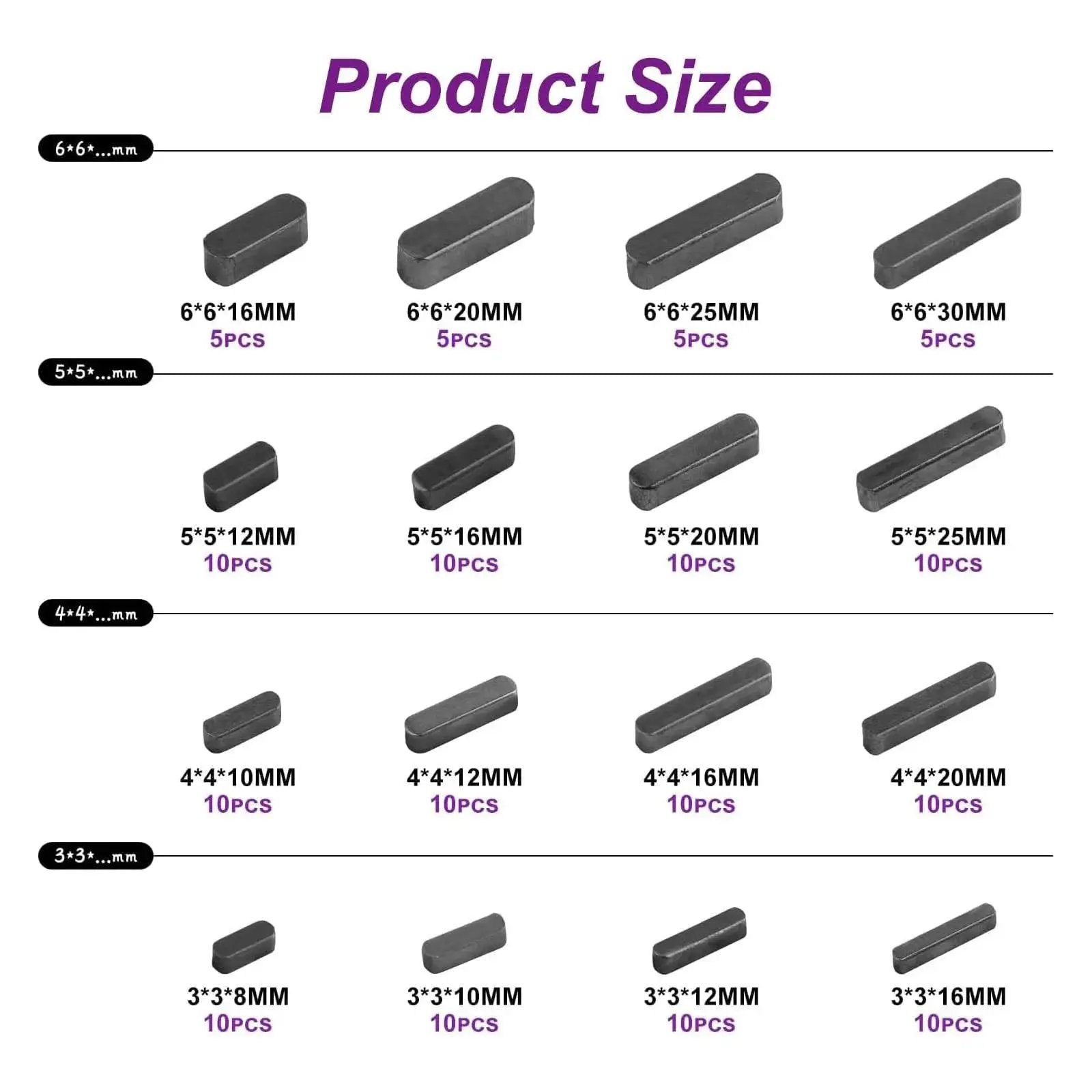 Round Ended Feather Key Set, 140 Pcs Parallel Drive Shaft Keys, Key Stock Assortment for Shaft Keyways, size chart