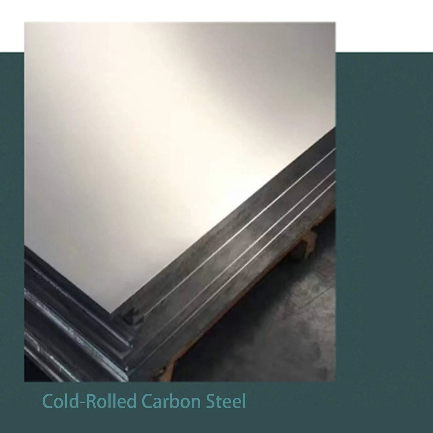 Stack of cold-rolled carbon steel sheets on a wooden pallet, corner view highlighting smooth metal finish.