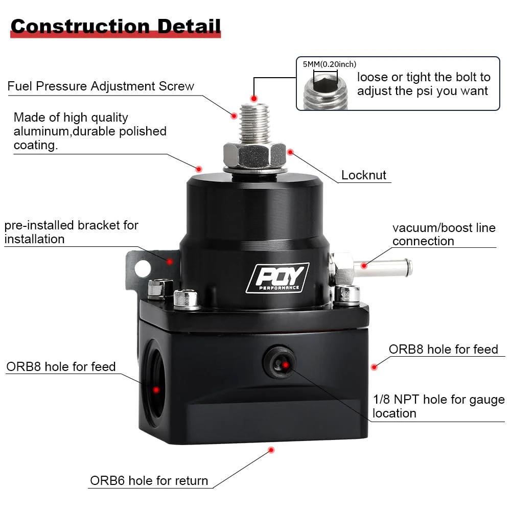 Adjustable EFI Fuel Pressure Regulator Kit Beefed-Up From 3 To 70 PSI With AN8 Feed Port And AN6 Return Port, Billet Aluminum
