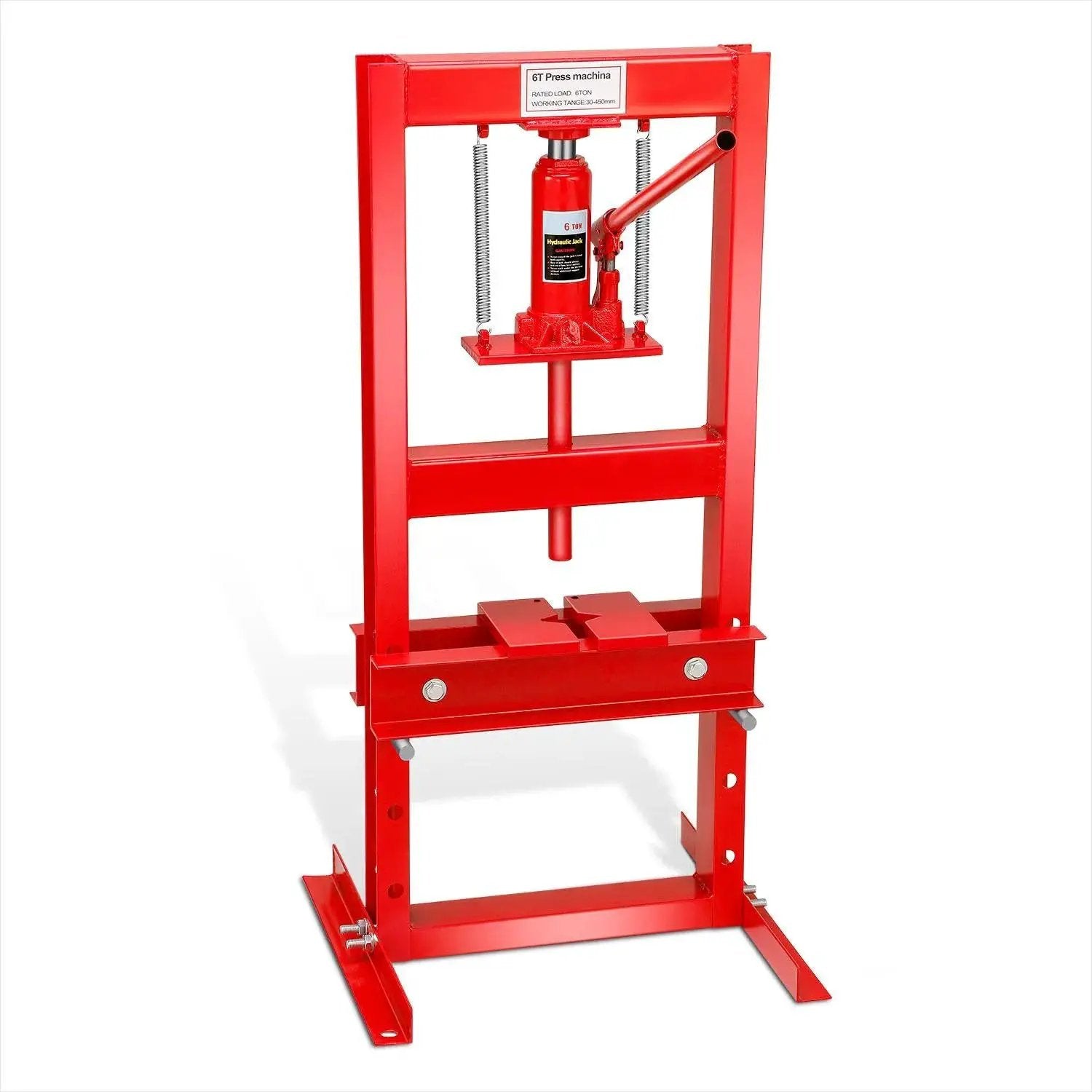 Red 6 Ton Hydraulic Shop Press With H Frame Floor Model for Auto and Metalwork 0 inch to 28 inch adjustable working range heavy-duty steel construction