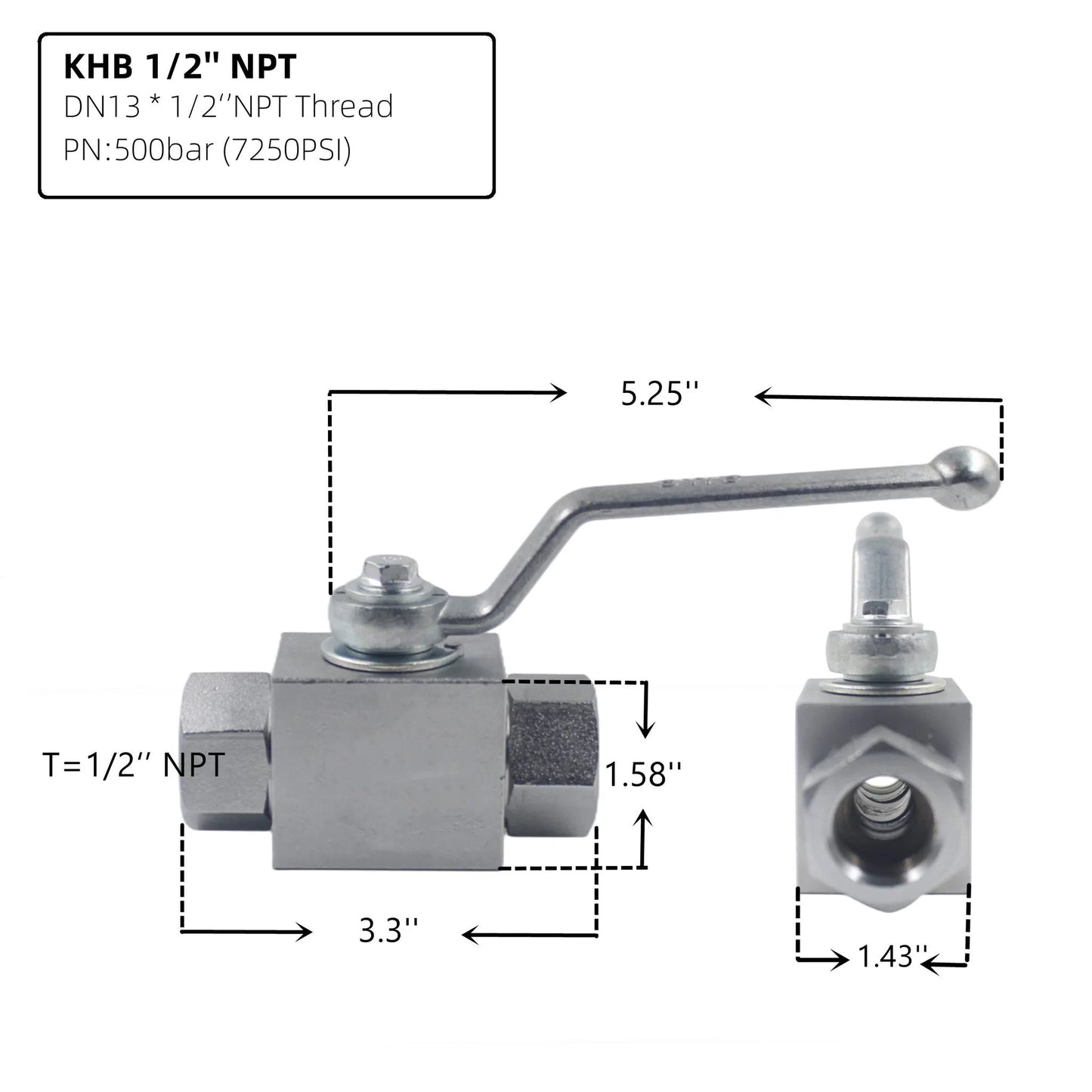 High Pressure Hydraulic Ball Valve KHB Half Inch NPT Two Way Shut Off Hydraulic Valve Carbon Steel Chrome Plated 7250 PSI