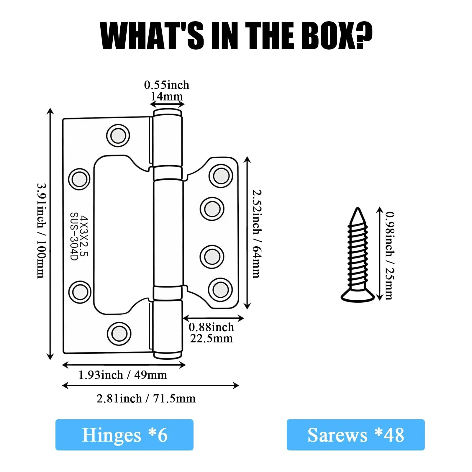 Diagram of 3 Pack Non-Mortise Stainless Steel Door Hinges 4 Inch By 3 Inch, Heavy Duty, includes dimensions and screws.