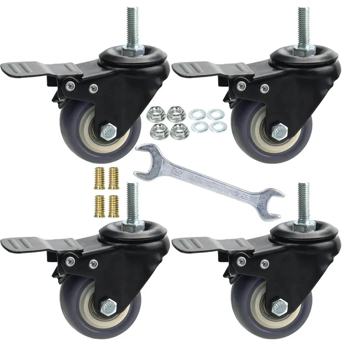 2 Inch Swivel Caster Wheels 4 Pack M8 1.25 Threaded Stem 8mm Durable Rubber With Double Lock For Carpet And Hardwood with wrench