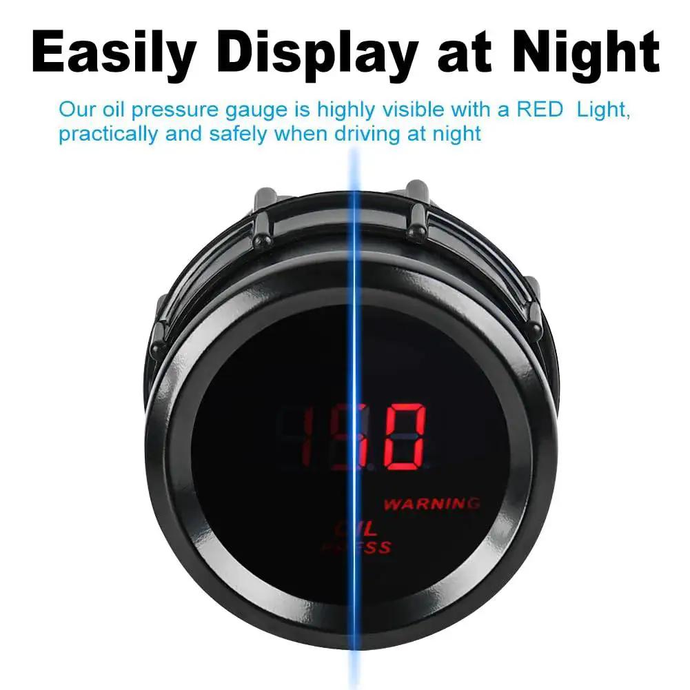 2 Inch Oil Pressure Gauge 0 to 150 PSI DC 12V Gauge Kit with red LED backlight displayed at night for easy reading by WATERWICH