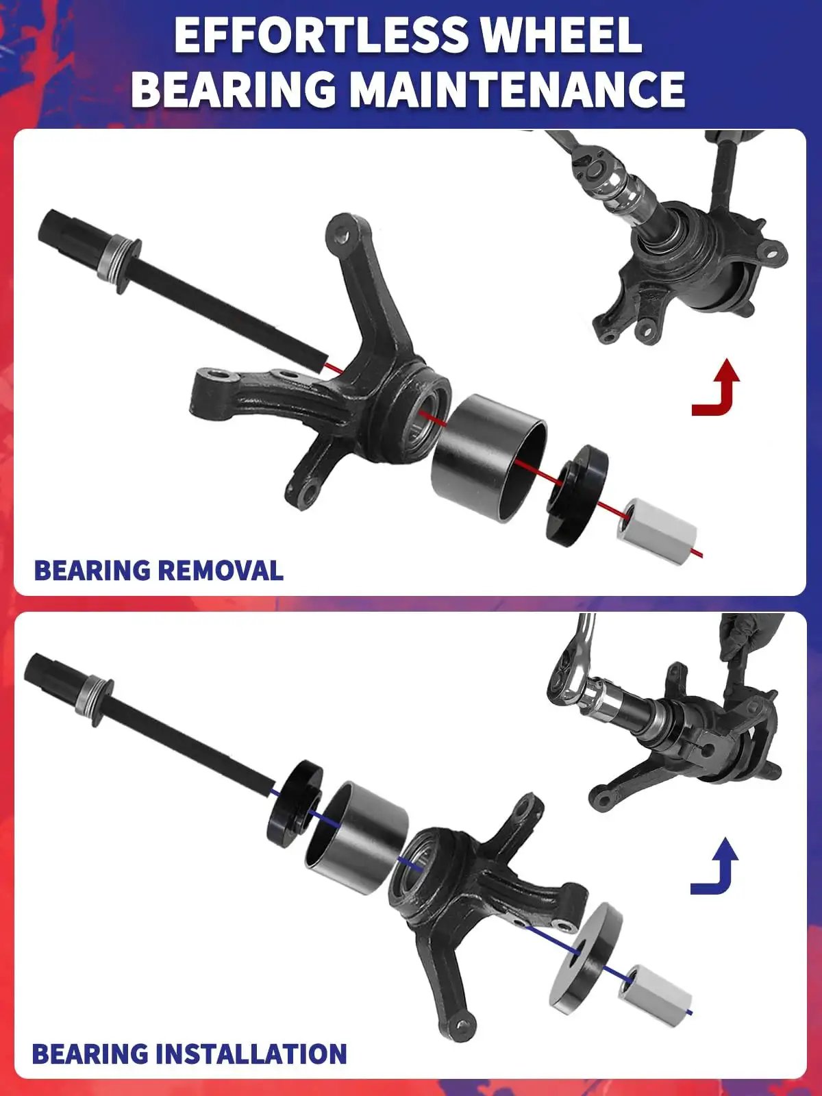 Front Wheel Drive Wheel Bearing Removal And Installation Kit With Bearing Press in use, illustrating bearing removal and installation.