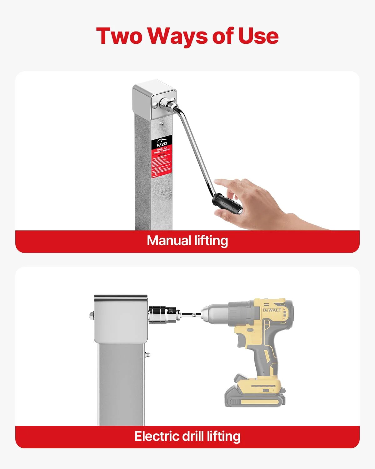 Two ways to operate the 8000 lbs Heavy Duty Trailer Jack, 20-24V Cordless Drill Compatible - manual and electric.