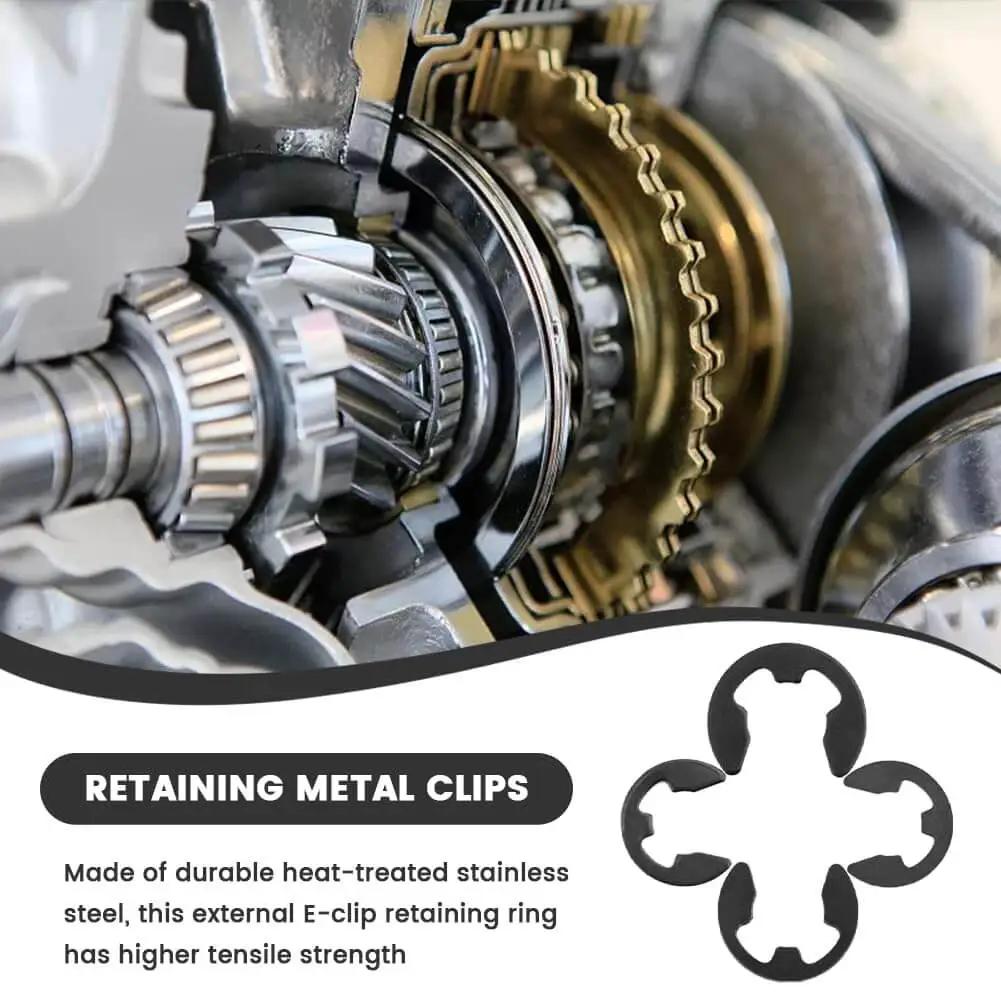 Close-up of installed 120 Pcs E Clips Assortment Set Heat Treated External Retaining Clips Manganese Steel Snap Rings on gears